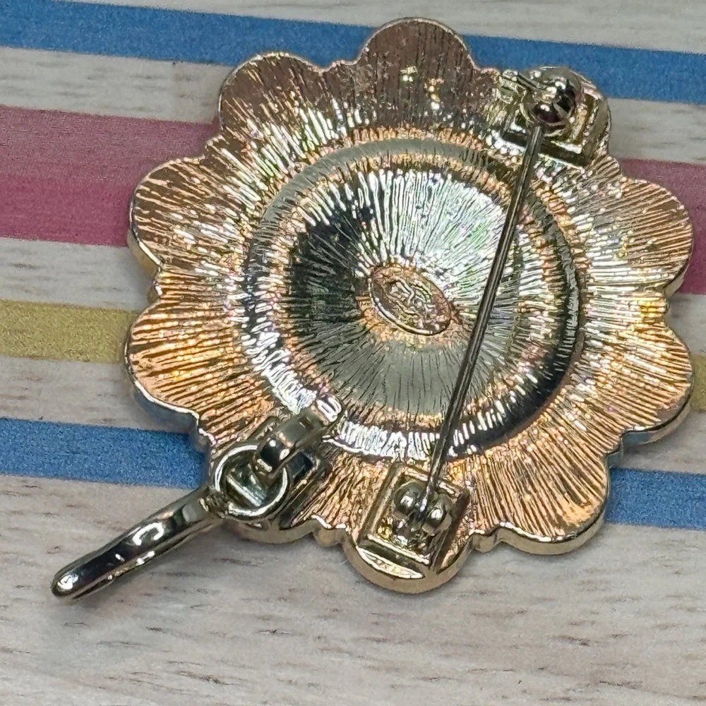 Premier Designs Coral Gold Pendant Brooch Convertible Floral Rhinestone